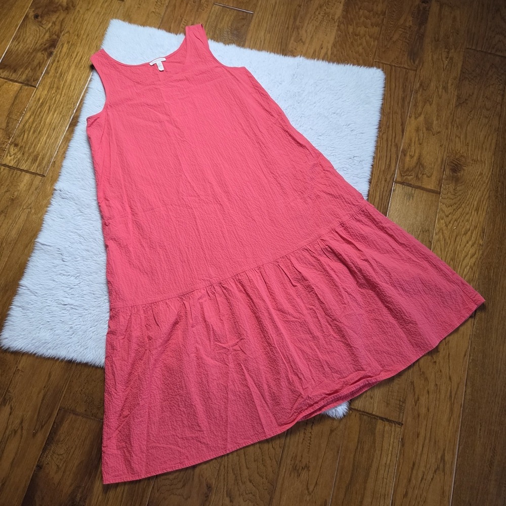 Eileen Fisher Cotton Long Sleeveless Dress Women's Medium Ruffle Salmon/Coral